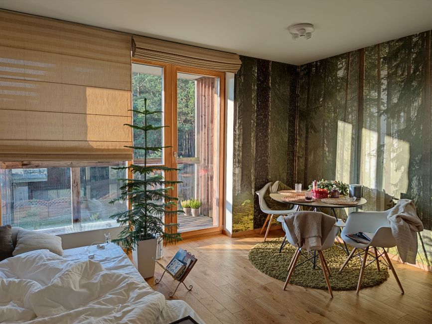 Houten meubels en gadgets in biofiele stijl.